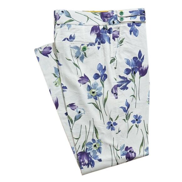 Mens 34 Gurkha Pants White Blue Floral Cotton Flat Front Straight Fit Trousers - Picture 1 of 8